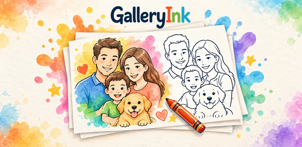 GalleryInk artwork showing a family illustration and a matching coloring page.